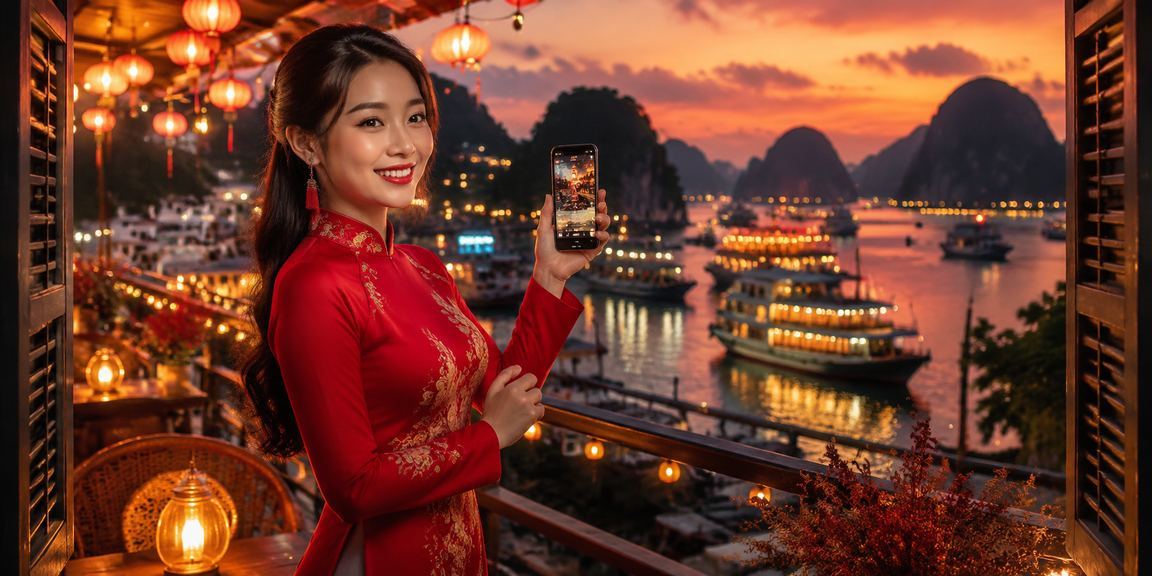 Người dùng truy cập casino trên di động tại Vịnh Hạ Long với trang phục áo dài truyền thống